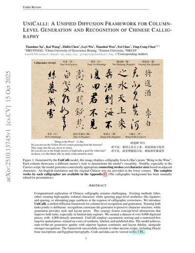 Cover of UNICALLI: A UNIFIED DIFFUSION FRAMEWORK FOR COLUMN-LEVEL GENERATION AND RECOGNITION OF CHINESE CALLIGRAPHY